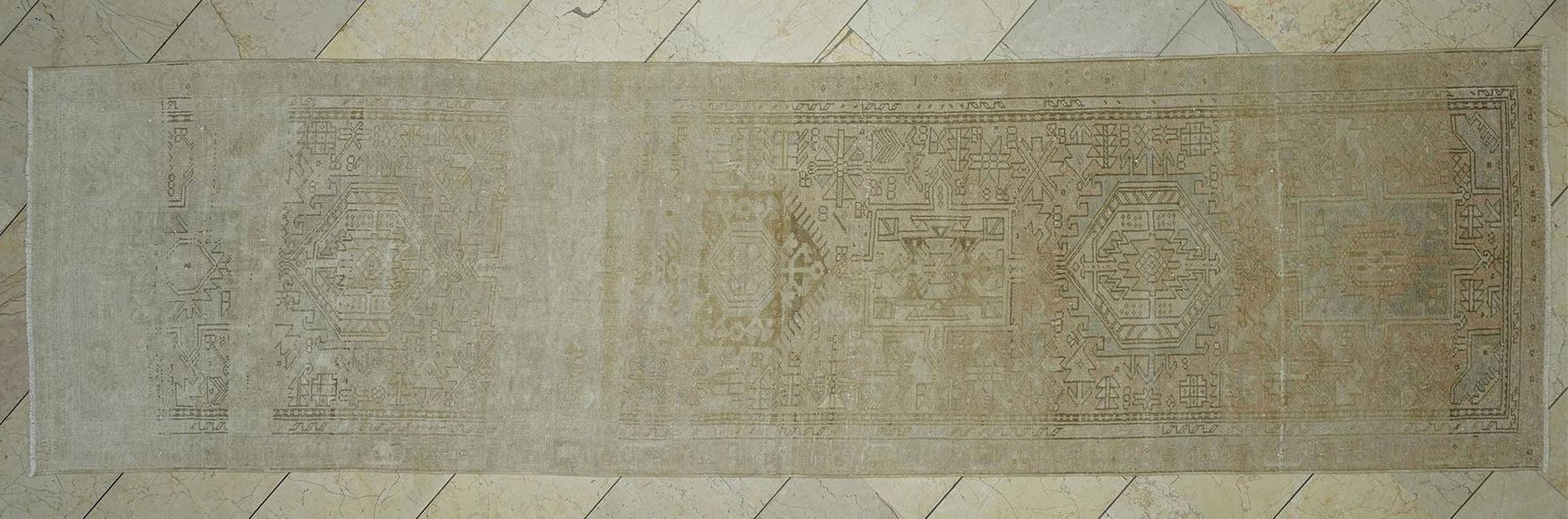 Vintage Turkish Rug Runner: 3x12 Beige Brown Area Wool Carpet Rugs