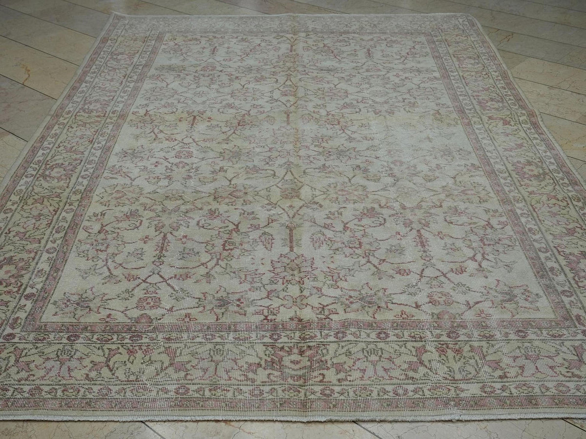 Floral Vintage Oushak Rug: Soft Colors Turkish Carpet 7x10,Scandinavian Style Home Decor Rugs.