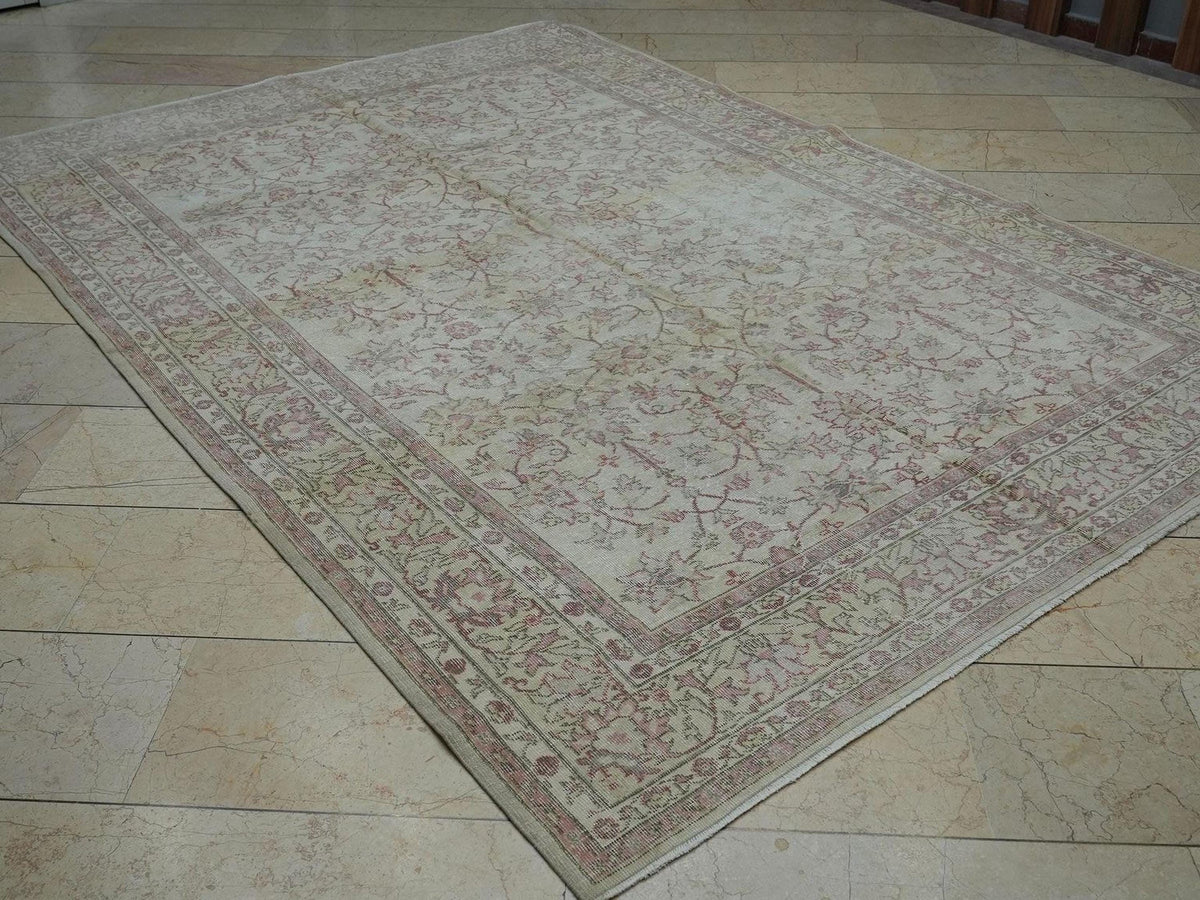 Floral Vintage Oushak Rug: Soft Colors Turkish Carpet 7x10,Scandinavian Style Home Decor Rugs.