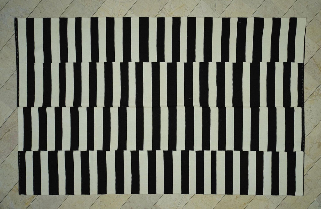 7.5x12 Contemporary Turkish Kilim Rug: Seasonal Decor Dark Brown & Cream Striped Wool Rugs.
