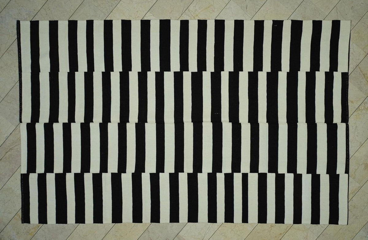 7.5x12 Contemporary Turkish Kilim Rug: Seasonal Decor Dark Brown & Cream Striped Wool Rugs.