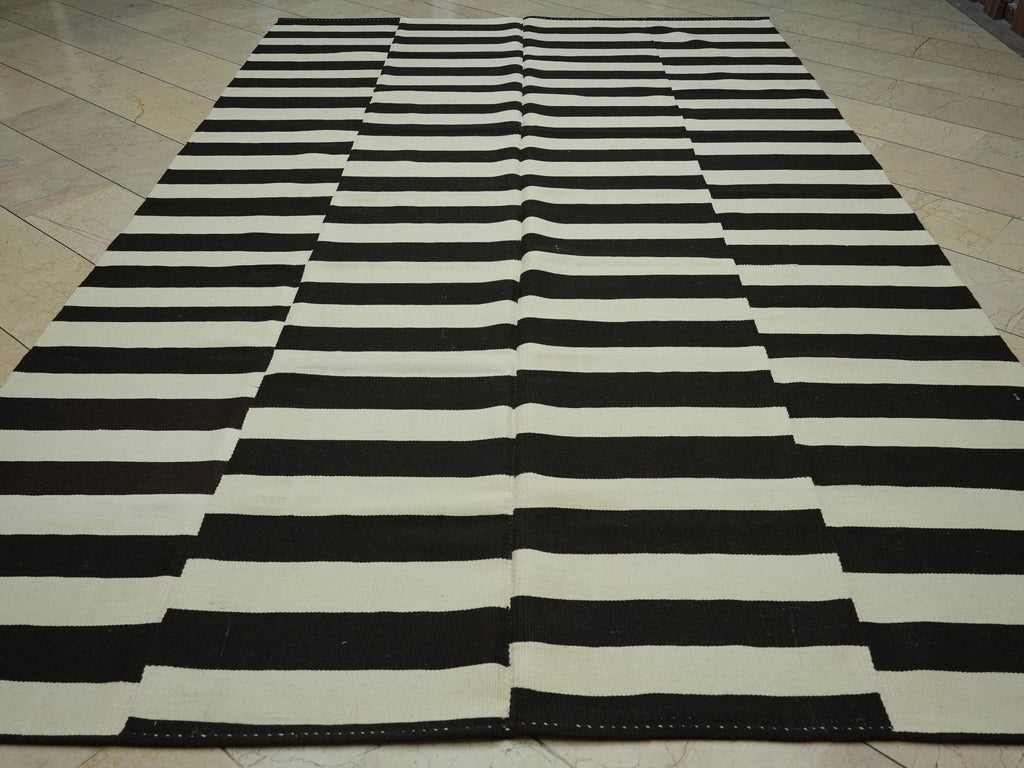 7.5x12 Contemporary Turkish Kilim Rug: Seasonal Decor Dark Brown & Cream Striped Wool Rugs.