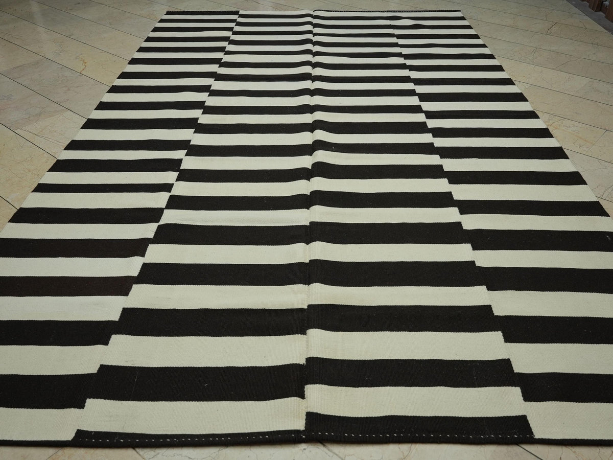 7.5x12 Contemporary Turkish Kilim Rug: Seasonal Decor Dark Brown & Cream Striped Wool Rugs.