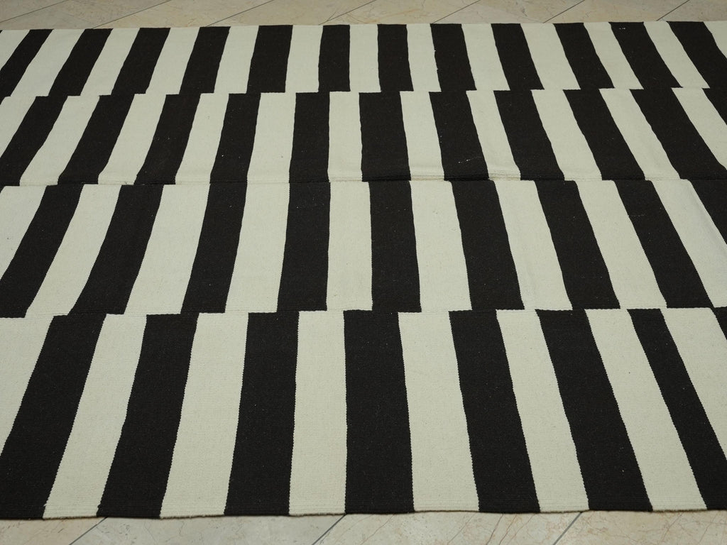 7.5x12 Contemporary Turkish Kilim Rug: Seasonal Decor Dark Brown & Cream Striped Wool Rugs.