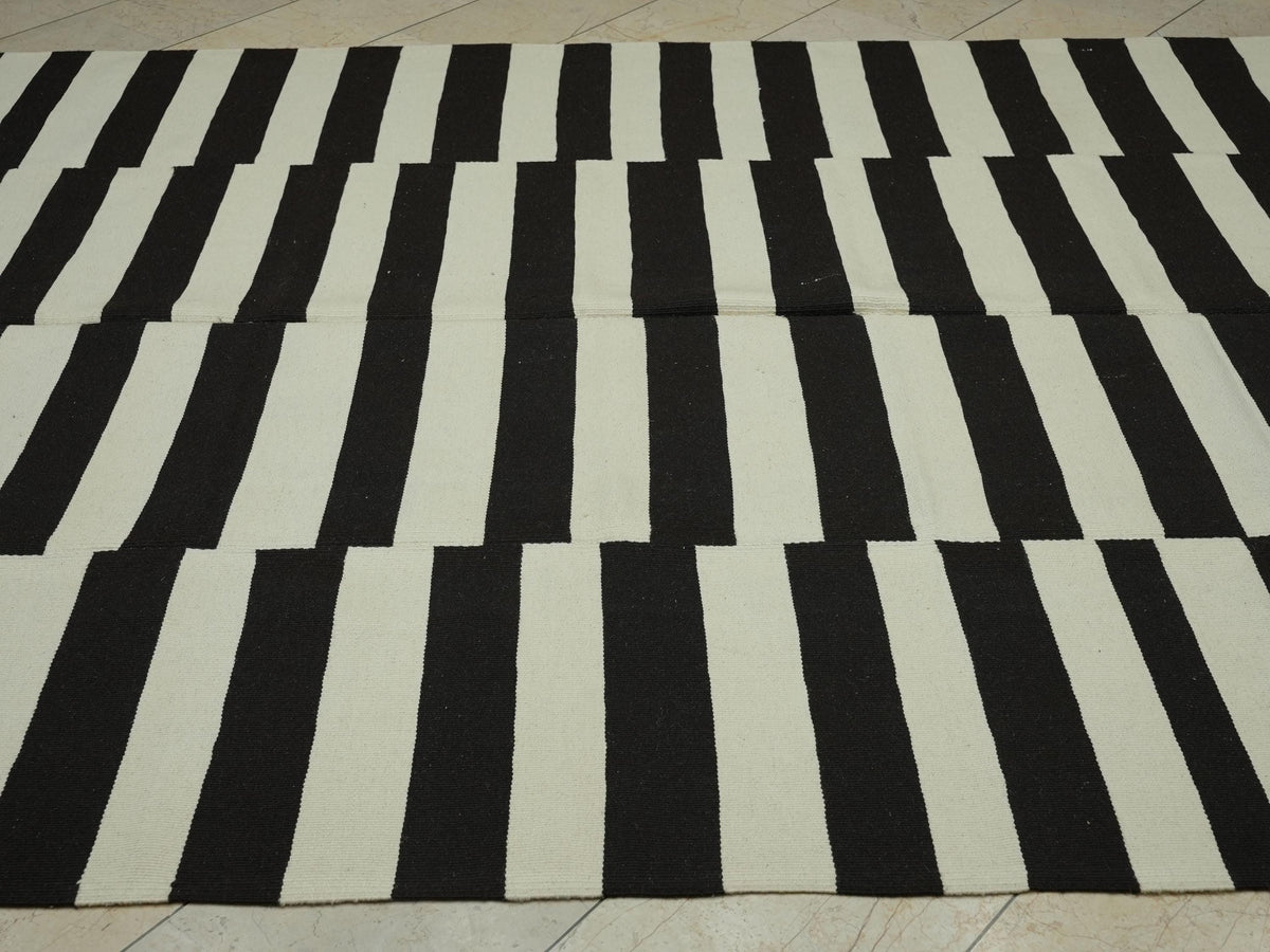 7.5x12 Contemporary Turkish Kilim Rug: Seasonal Decor Dark Brown & Cream Striped Wool Rugs.