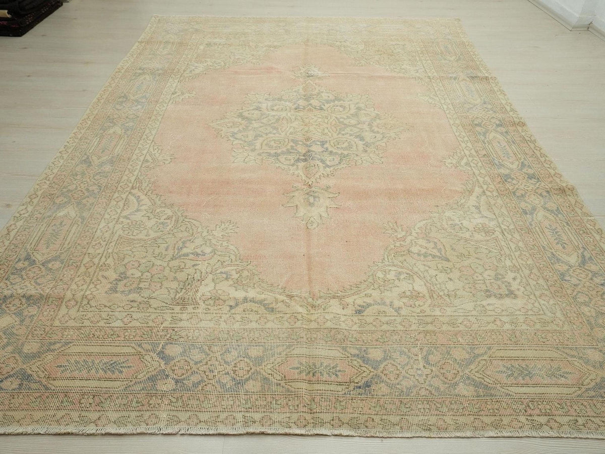 Vintage Handwoven Oushak Rug: Large Turkish Carpet, Bohemian Home Living Rugs 7"x10,4" Feet.