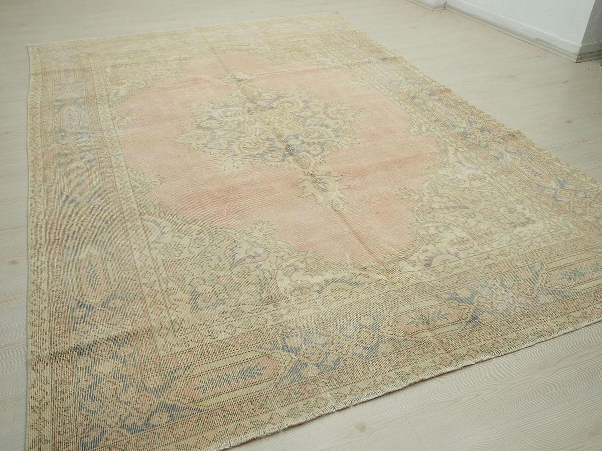 Vintage Handwoven Oushak Rug: Large Turkish Carpet, Bohemian Home Living Rugs 7"x10,4" Feet.
