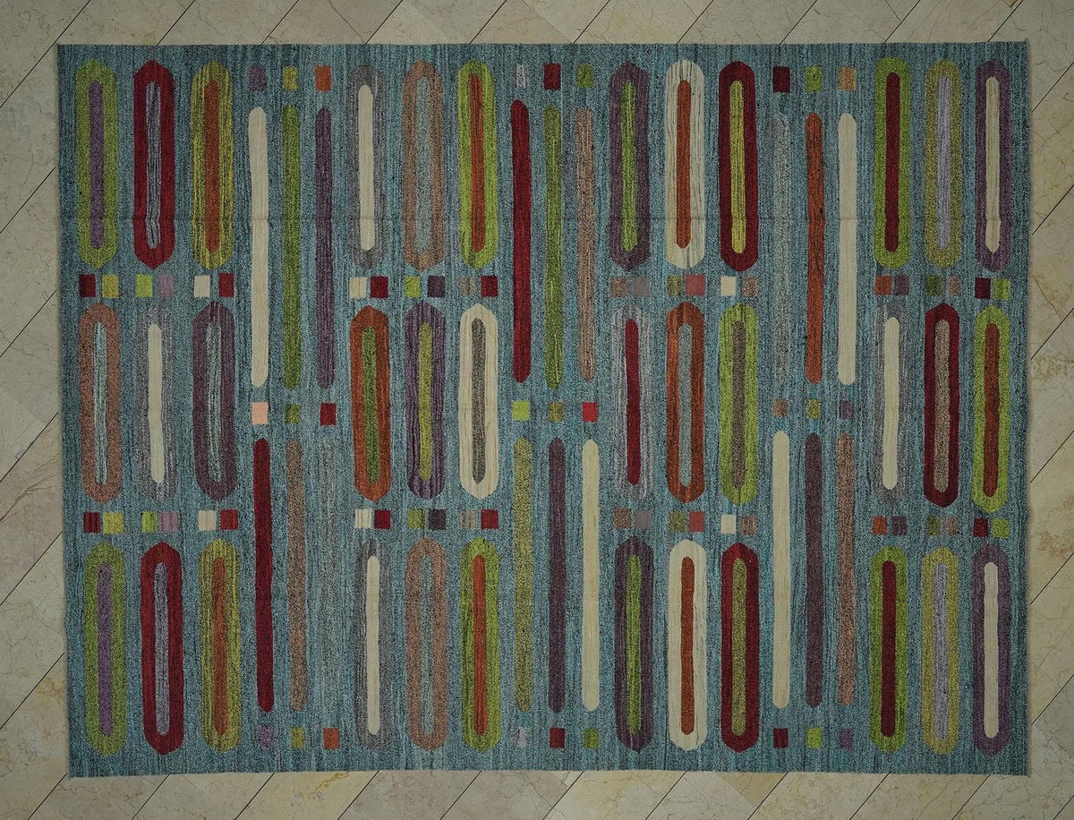 9x12 Contemporary Modern Decor Turkish Kilim Rug: Multi Colors Striped Flat Weave Rugs.