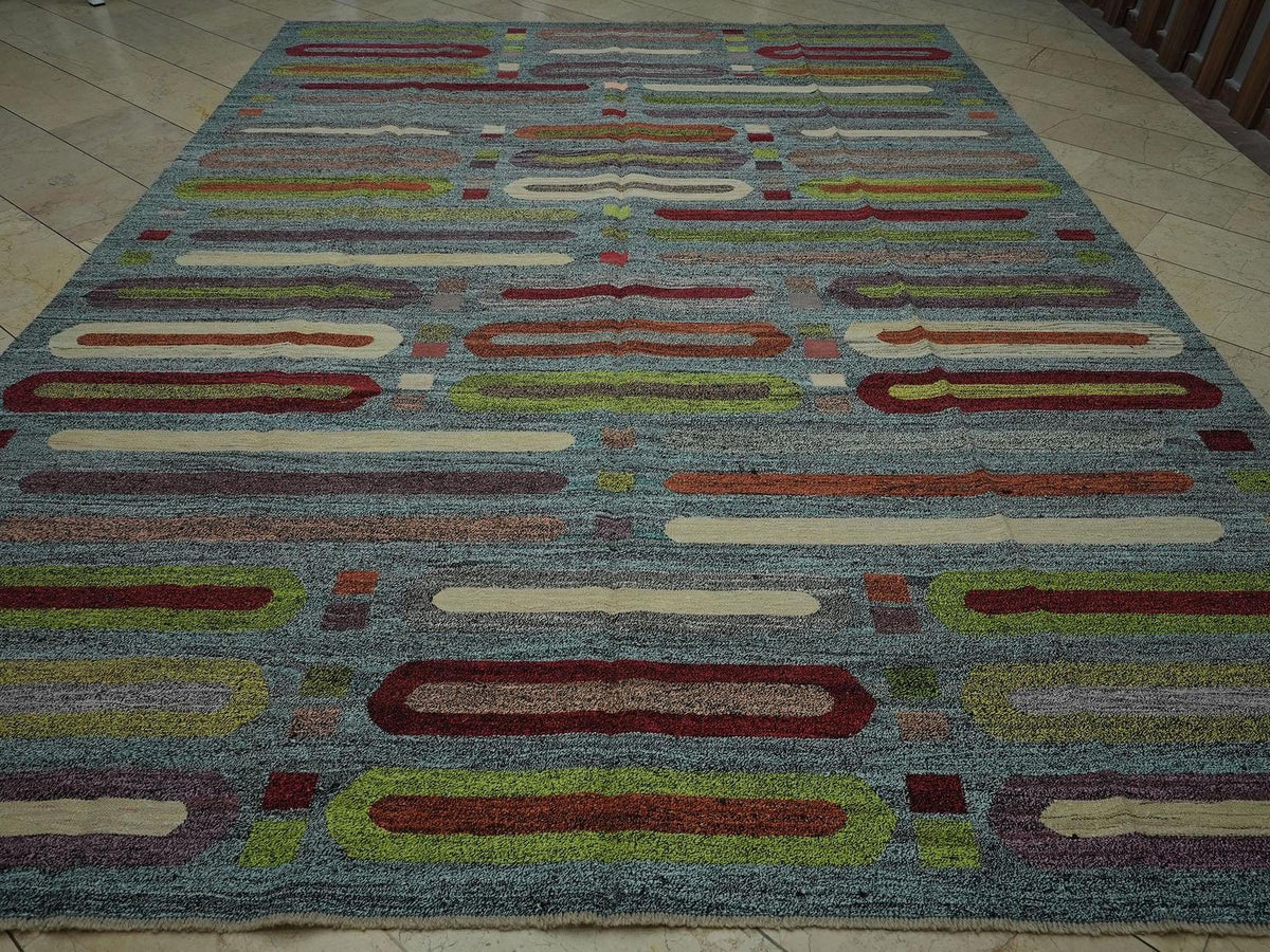 9x12 Contemporary Modern Decor Turkish Kilim Rug: Multi Colors Striped Flat Weave Rugs.
