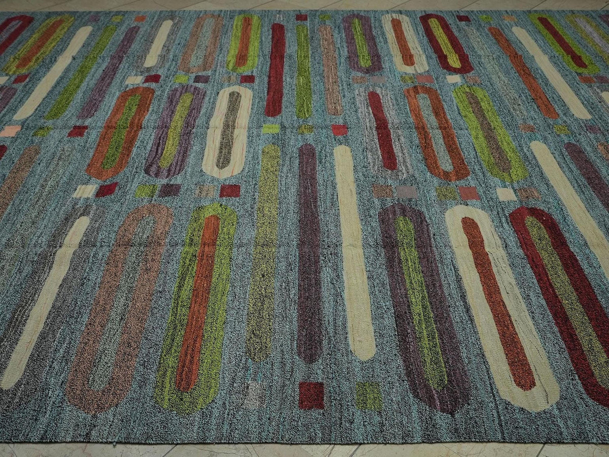 9x12 Contemporary Modern Decor Turkish Kilim Rug: Multi Colors Striped Flat Weave Rugs.