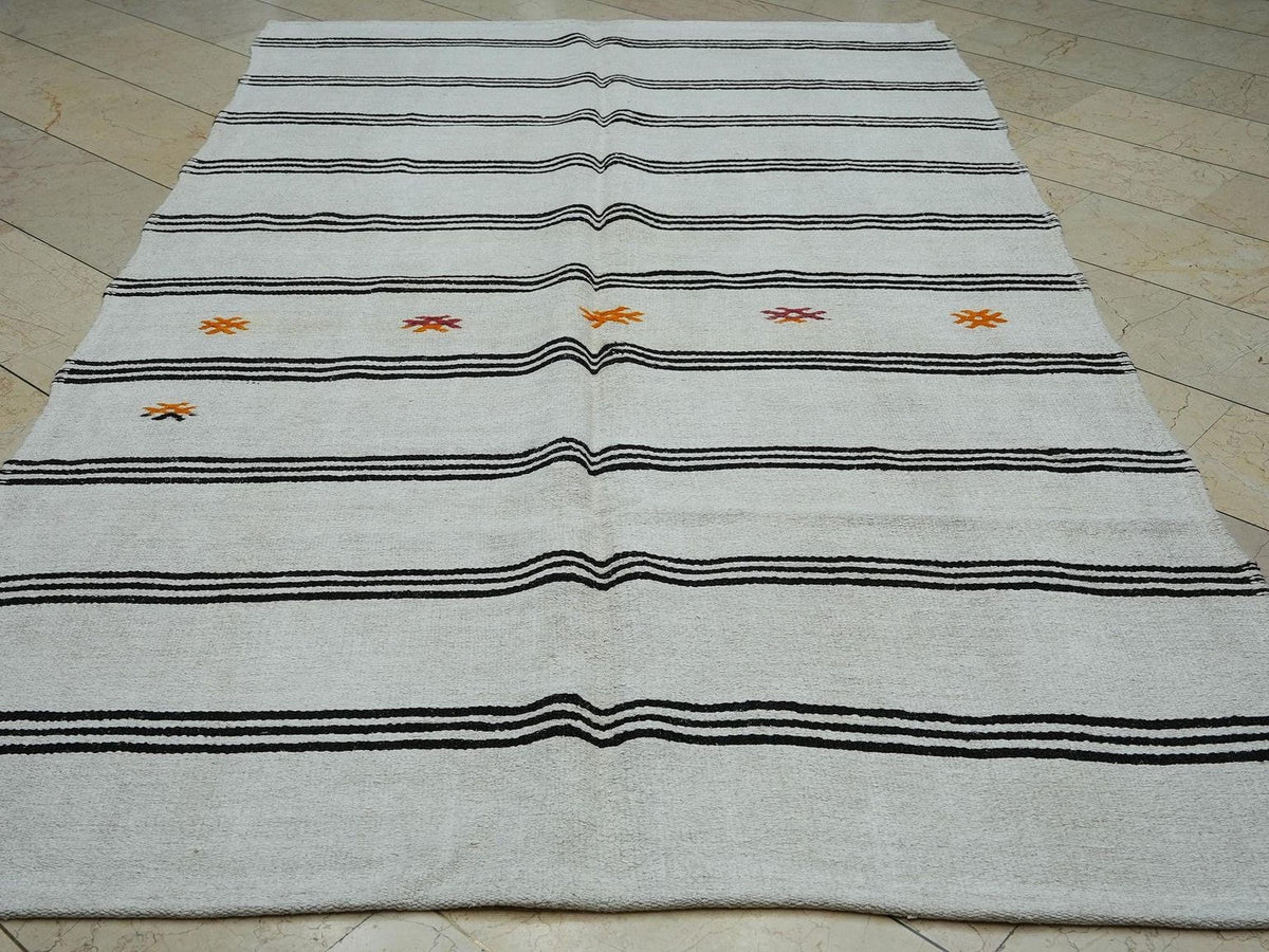 Vintage Turkish Hemp Kilim Rug: 5.8x9.7 ft,Stripe Handmade Moody Decor Rugs.
