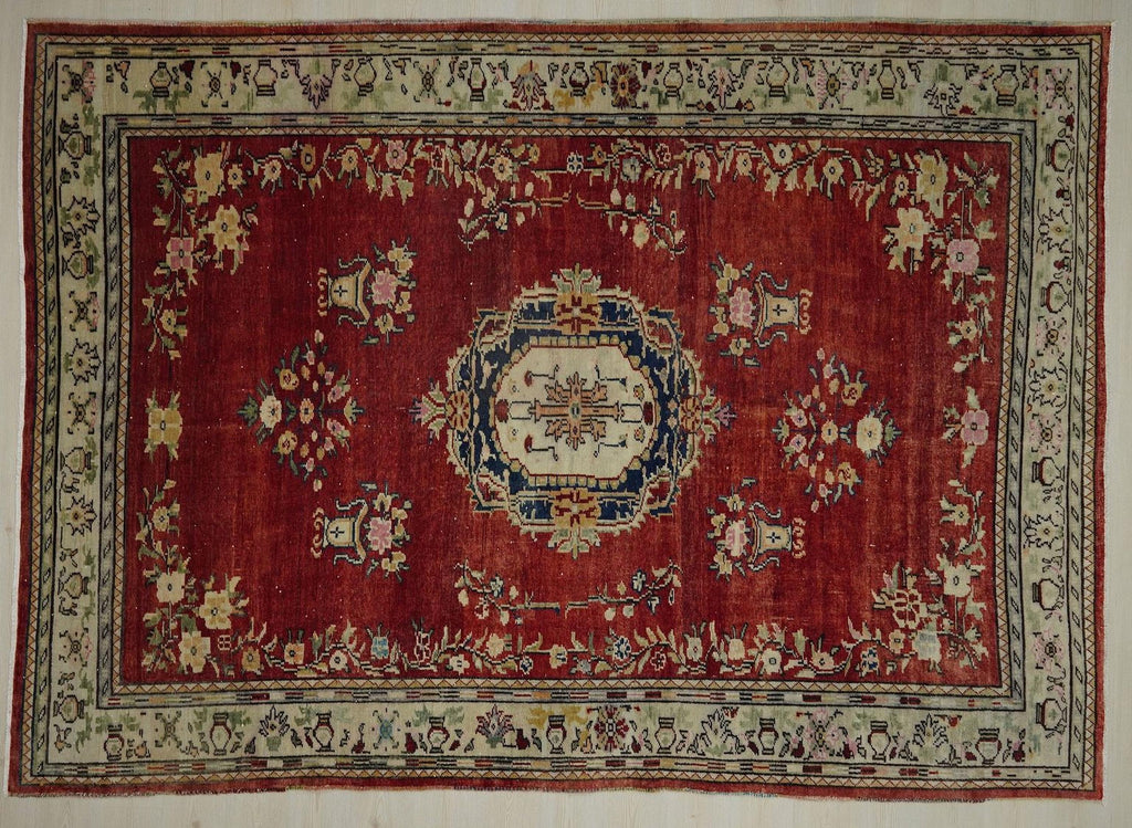 1940s Antique Turkey Malatya Rug: 8x11 Handwoven Wool Double Knot Area Red & Blue Rugs.