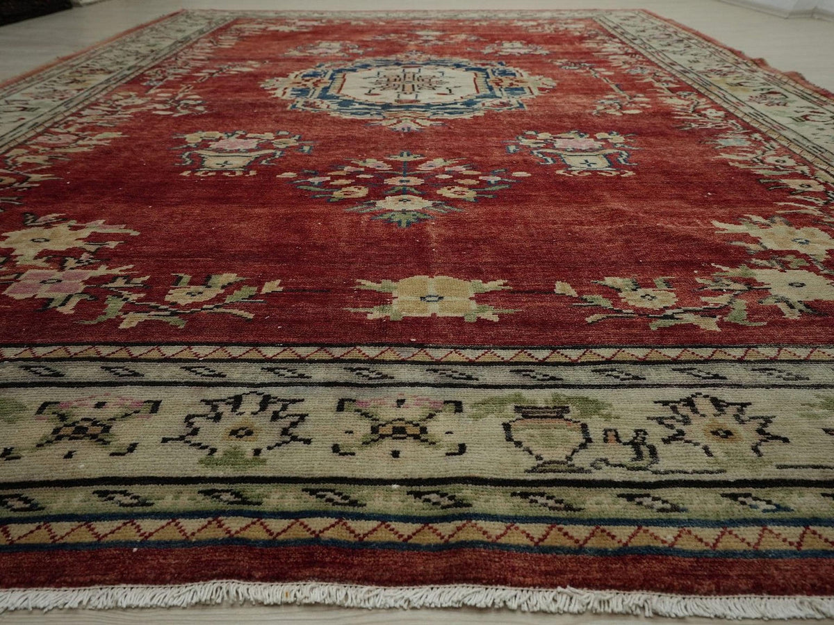 1940s Antique Turkey Malatya Rug: 8x11 Handwoven Wool Double Knot Area Red & Blue Rugs.