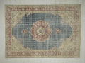 8x11 Handmade Wool Rug: Vintage Beige and Blue Mid-Century Modern Area Rugs