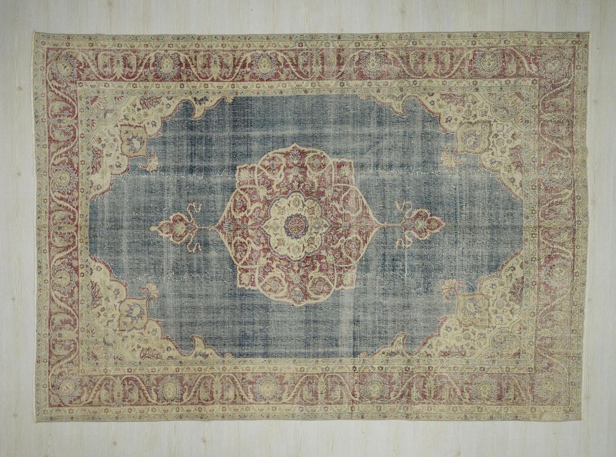 8x11 Handmade Wool Rug: Vintage Beige and Blue Mid-Century Modern Area Rugs