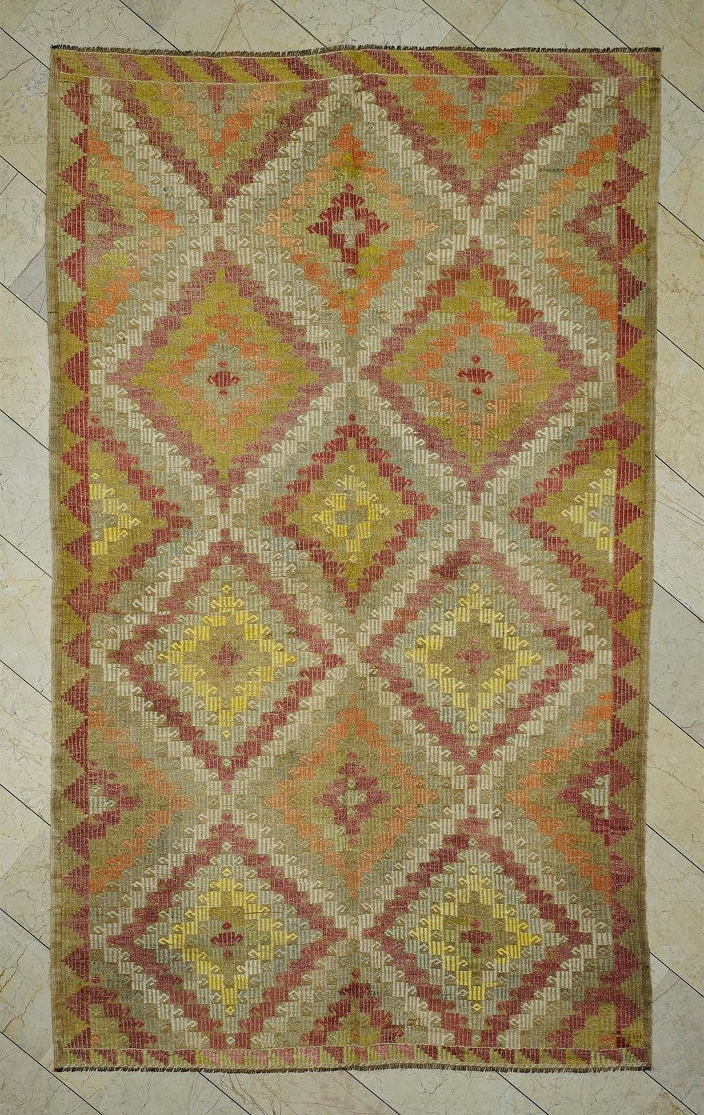 Embroidered Old Turkish Kilim Rug: Mid-Century Modern Home Living Decor Rugs, 6.3x10.5 Ft.
