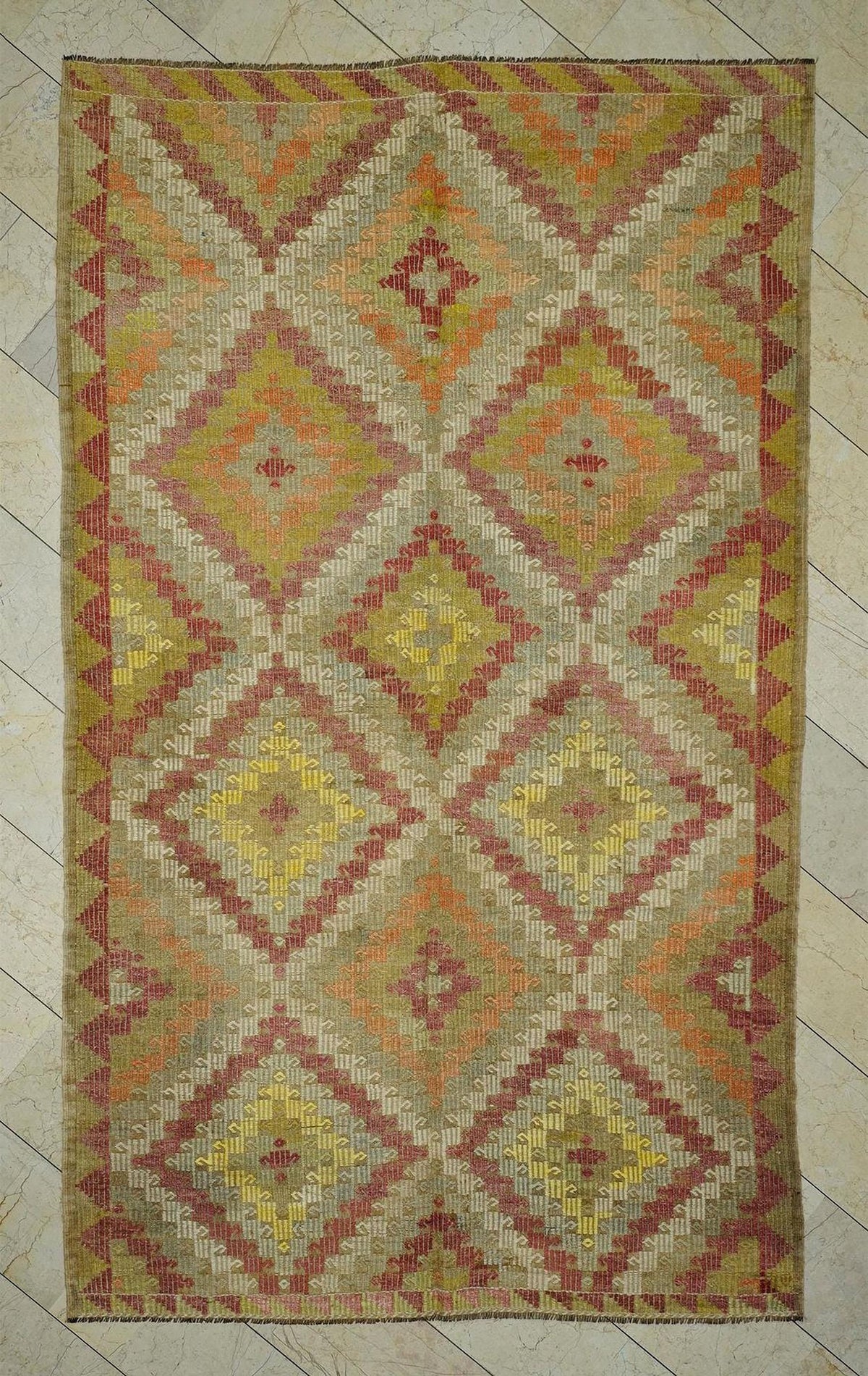 Embroidered Old Turkish Kilim Rug: Mid-Century Modern Home Living Decor Rugs, 6.3x10.5 Ft.
