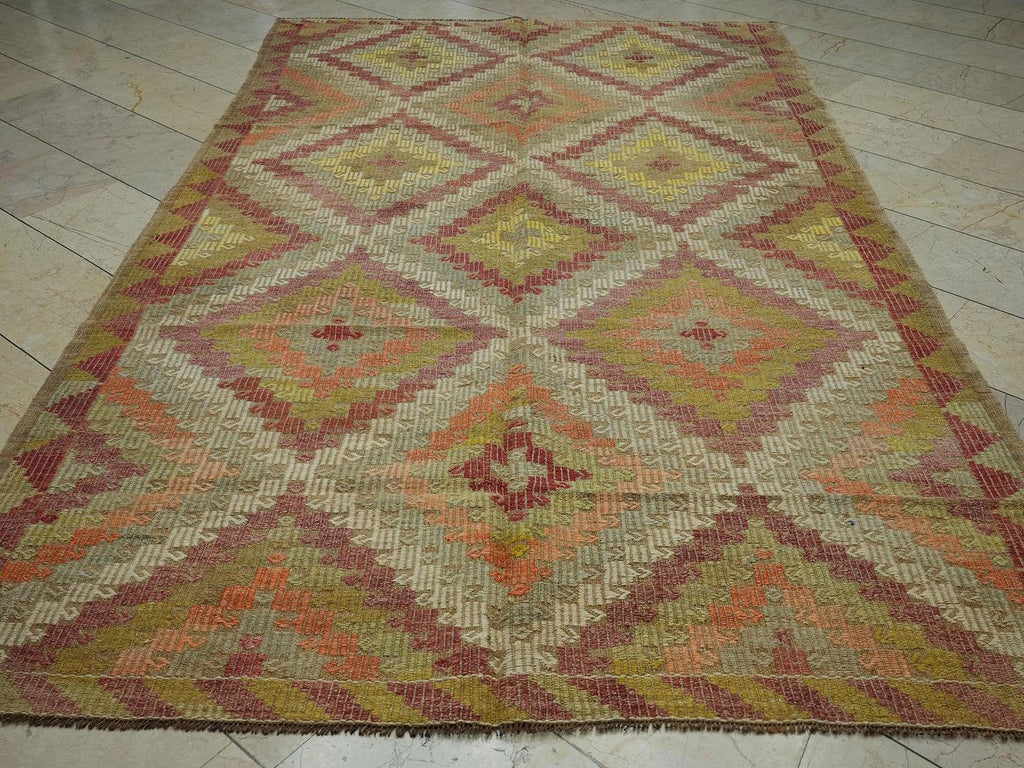 Embroidered Old Turkish Kilim Rug: Mid-Century Modern Home Living Decor Rugs, 6.3x10.5 Ft.