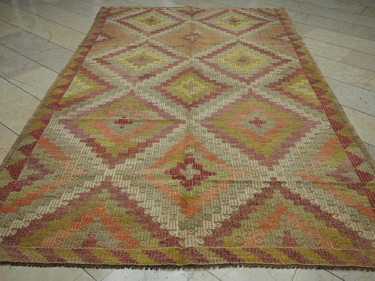 Embroidered Old Turkish Kilim Rug: Mid-Century Modern Home Living Decor Rugs, 6.3x10.5 Ft.