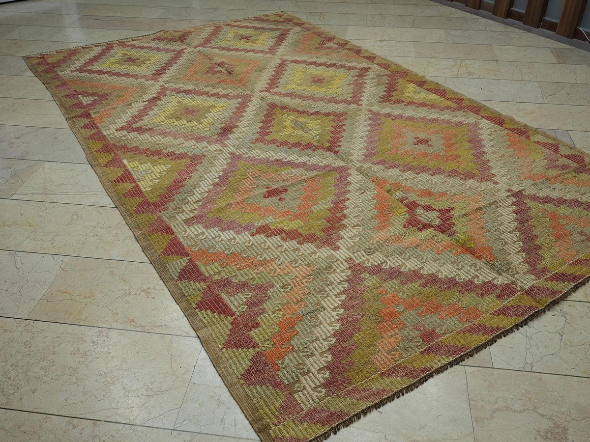 Embroidered Old Turkish Kilim Rug: Mid-Century Modern Home Living Decor Rugs, 6.3x10.5 Ft.