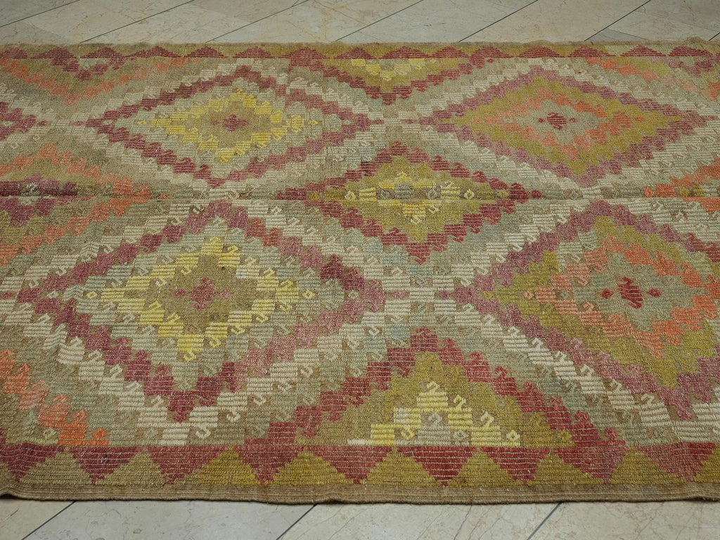Embroidered Old Turkish Kilim Rug: Mid-Century Modern Home Living Decor Rugs, 6.3x10.5 Ft.