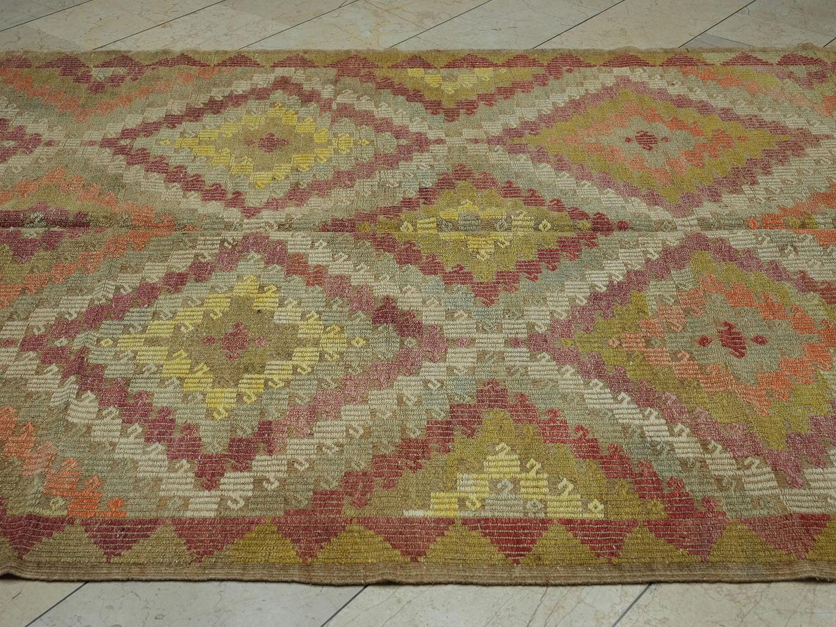 Embroidered Old Turkish Kilim Rug: Mid-Century Modern Home Living Decor Rugs, 6.3x10.5 Ft.