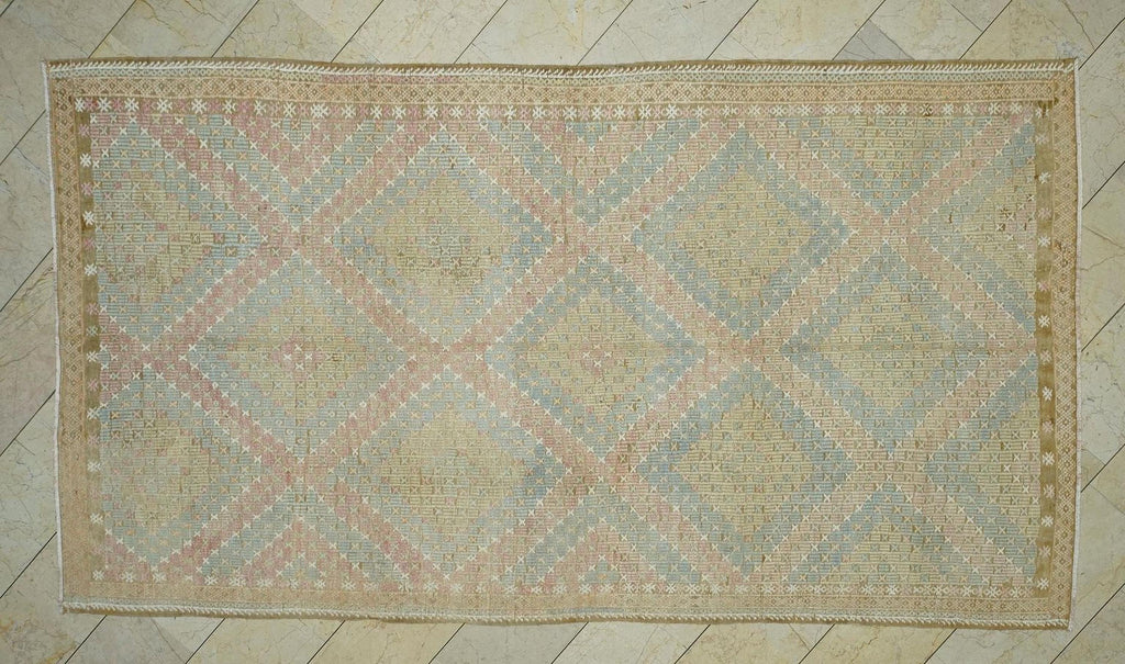 6x11 Embroidered Old Muted Color Kilim Rug: Mid-Century Modern Turkish Handmade Rugs.