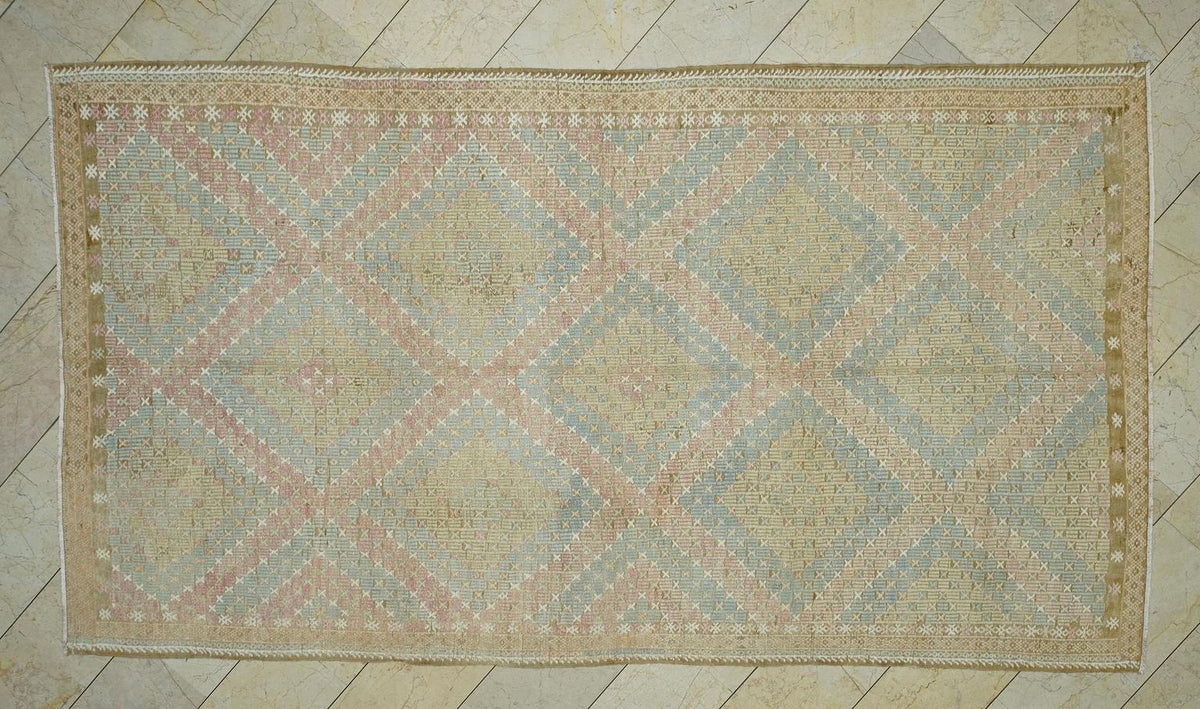 6x11 Embroidered Old Muted Color Kilim Rug: Mid-Century Modern Turkish Handmade Rugs.