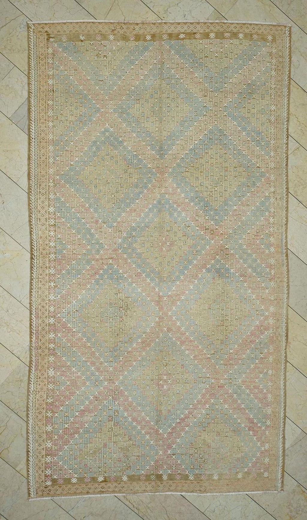 6x11 Embroidered Old Muted Color Kilim Rug: Mid-Century Modern Turkish Handmade Rugs.