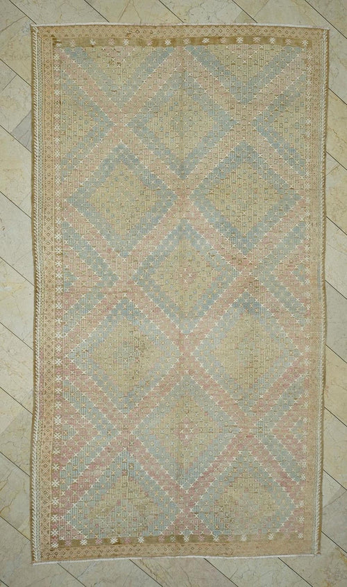 6x11 Embroidered Old Muted Color Kilim Rug: Mid-Century Modern Turkish Handmade Rugs.
