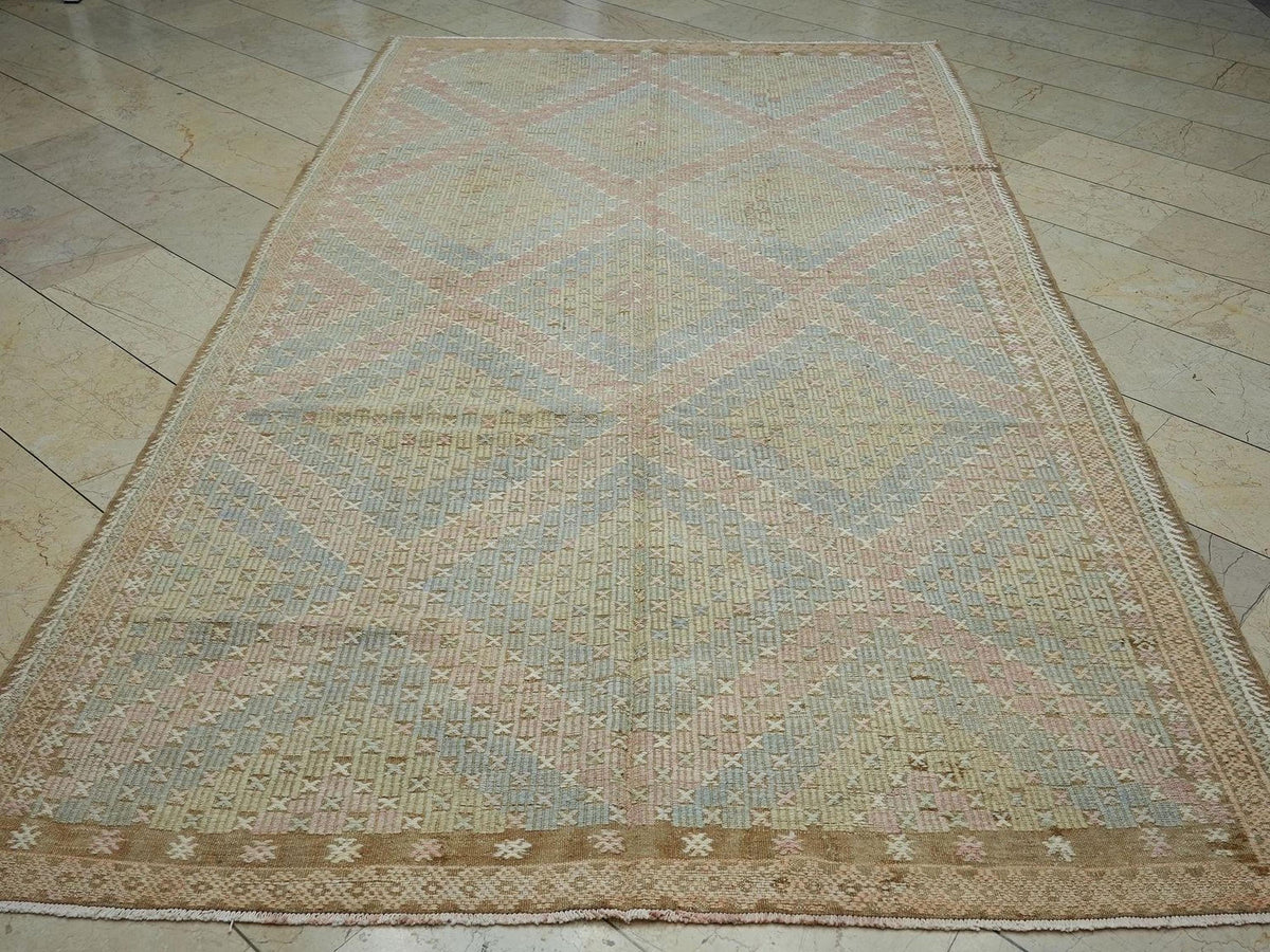 6x11 Embroidered Old Muted Color Kilim Rug: Mid-Century Modern Turkish Handmade Rugs.