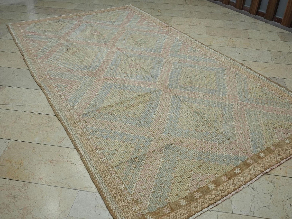 6x11 Embroidered Old Muted Color Kilim Rug: Mid-Century Modern Turkish Handmade Rugs.