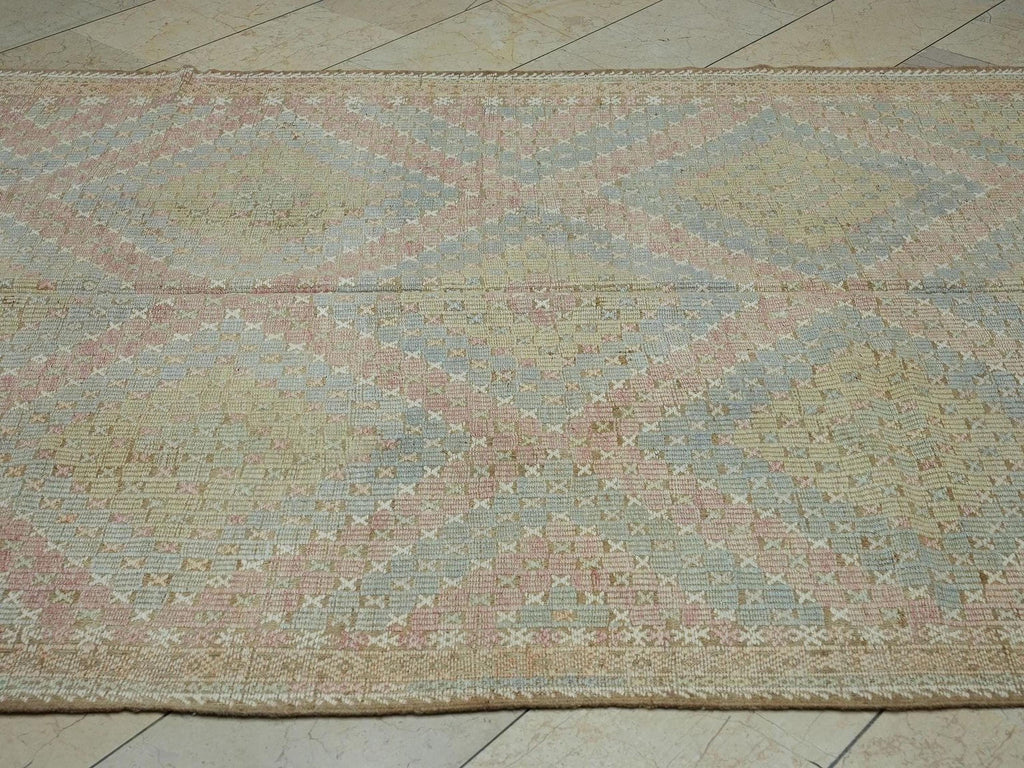 6x11 Embroidered Old Muted Color Kilim Rug: Mid-Century Modern Turkish Handmade Rugs.