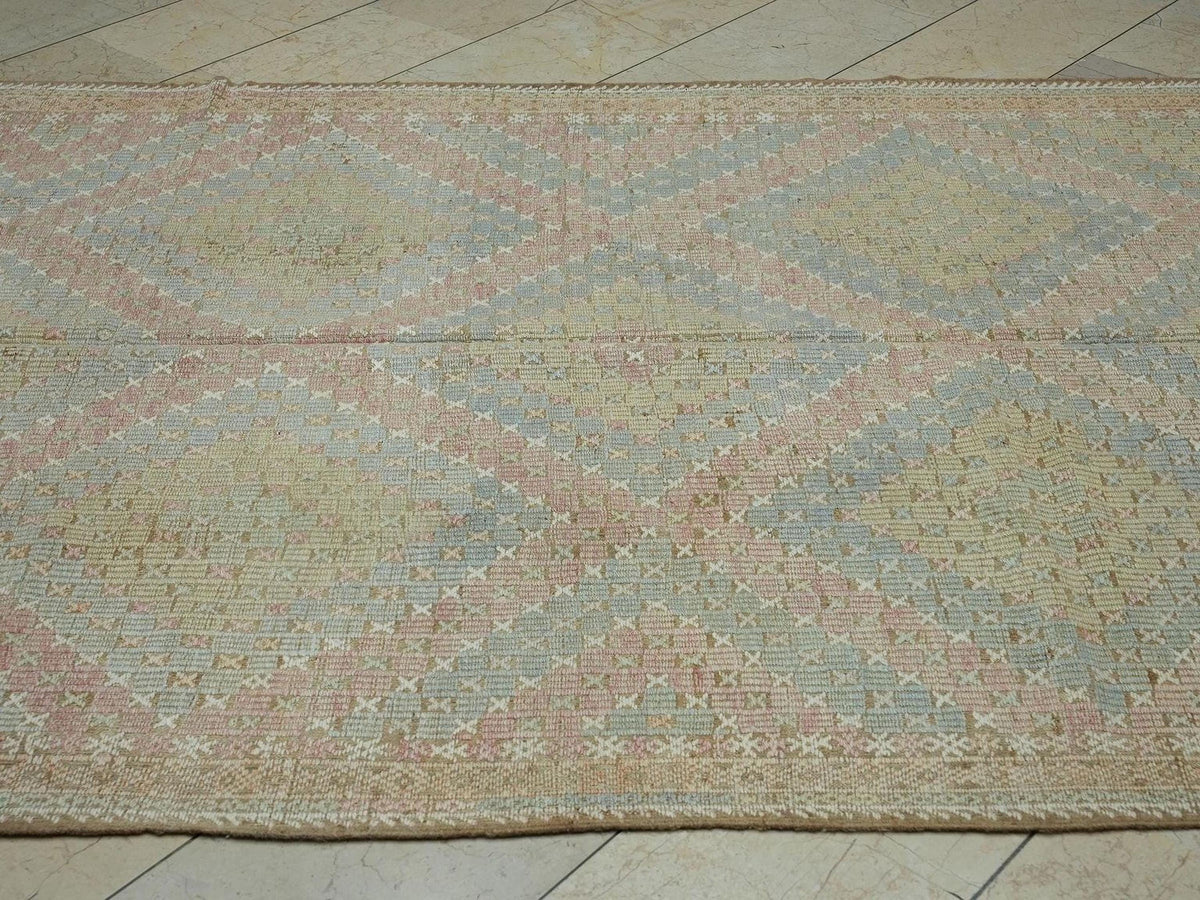 6x11 Embroidered Old Muted Color Kilim Rug: Mid-Century Modern Turkish Handmade Rugs.