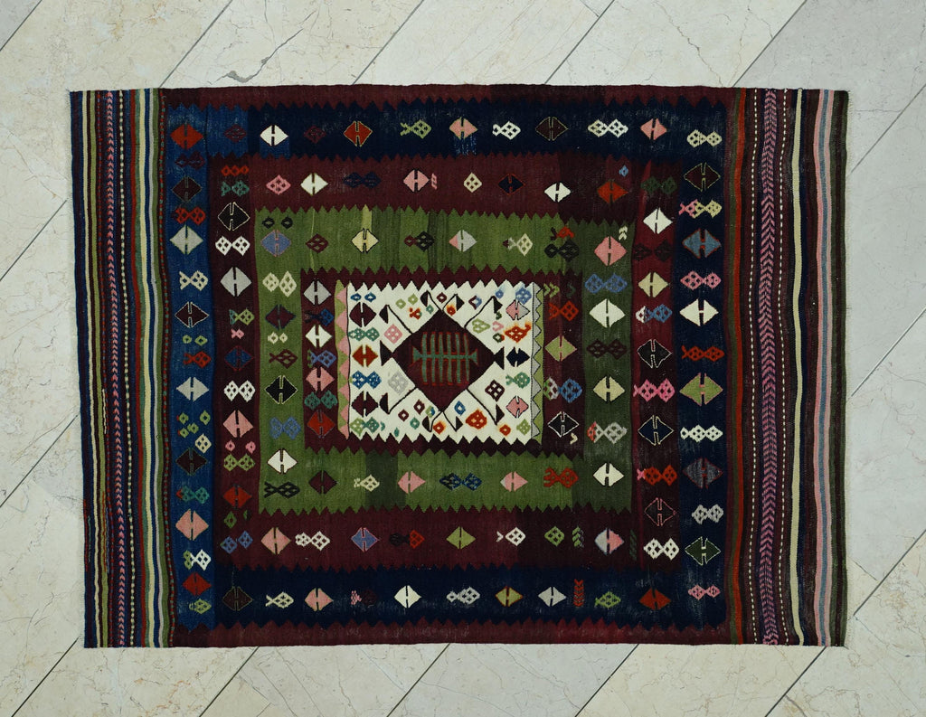 Antique Turkish Wool Soumak Kilim Rug: 3.9"x5.3" Hand-Embroidered Wall Decor Rugs