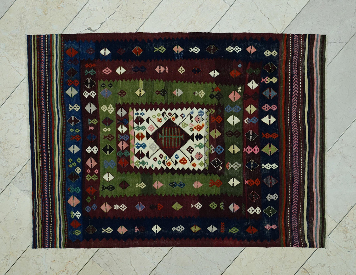 Antique Turkish Wool Soumak Kilim Rug: 3.9"x5.3" Hand-Embroidered Wall Decor Rugs