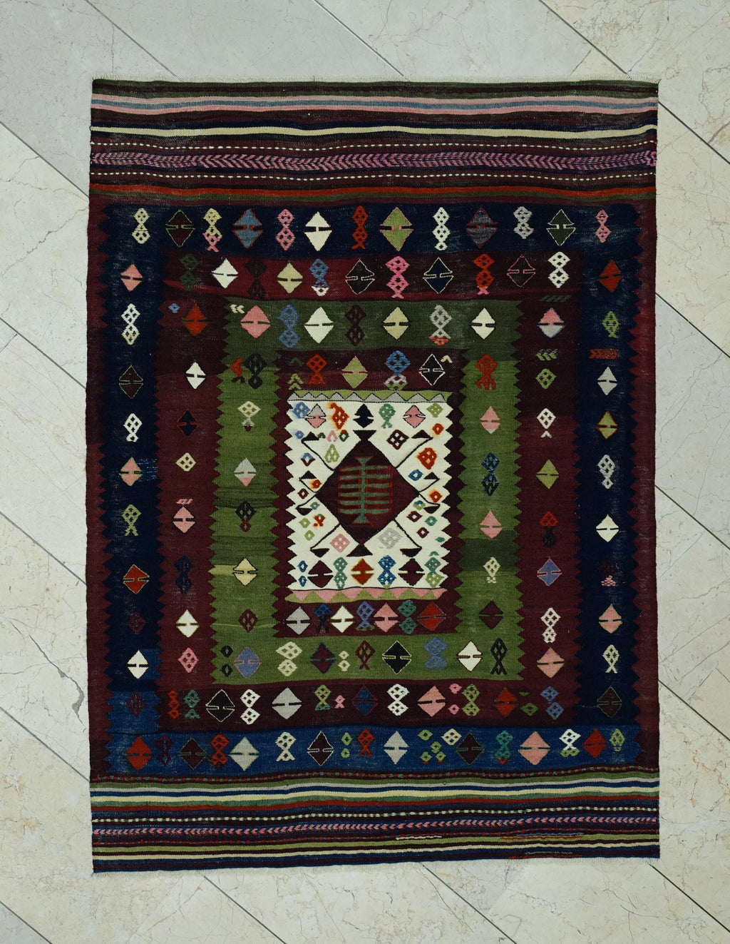 Antique Turkish Wool Soumak Kilim Rug: 3.9"x5.3" Hand-Embroidered Wall Decor Rugs