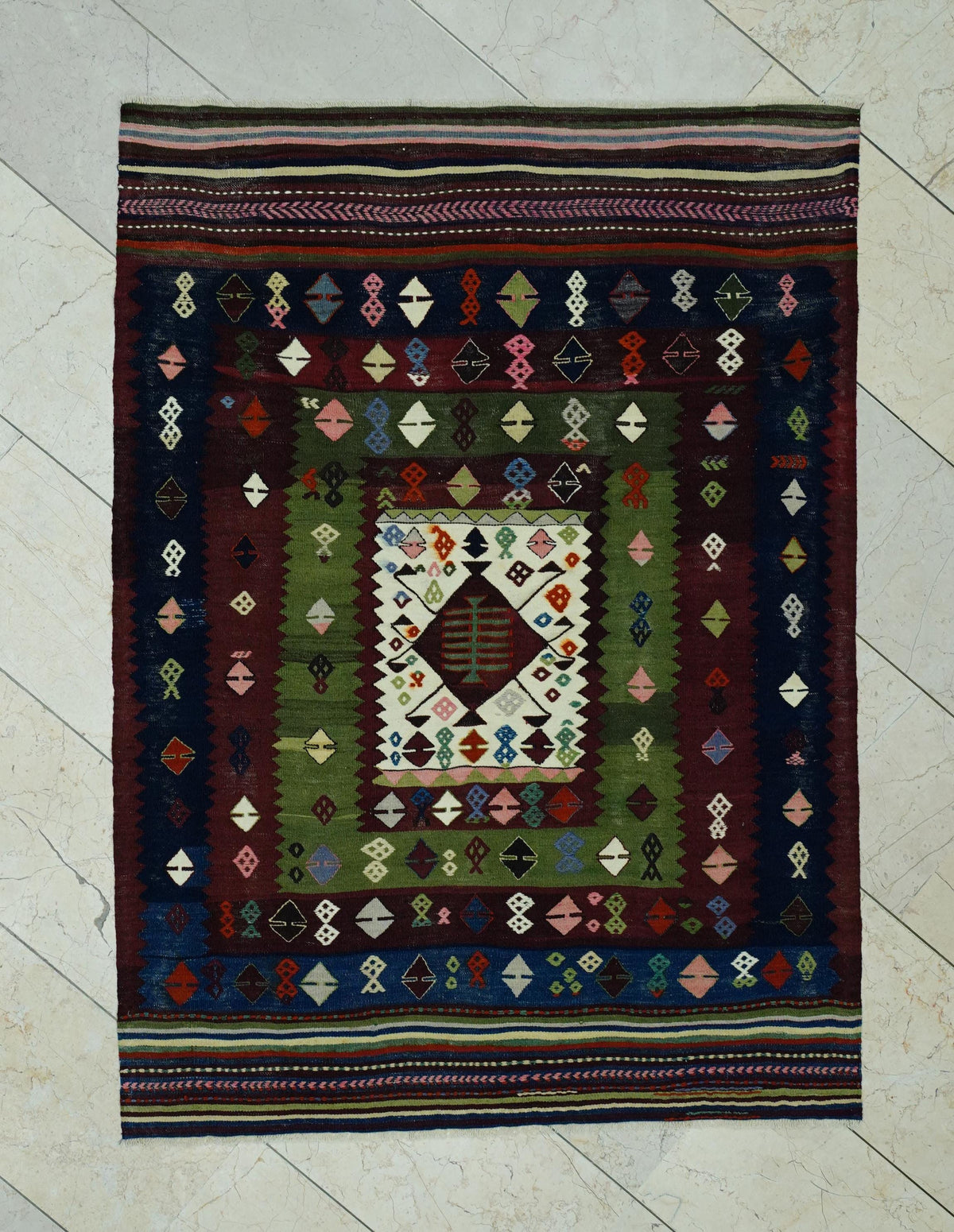 Antique Turkish Wool Soumak Kilim Rug: 3.9"x5.3" Hand-Embroidered Wall Decor Rugs