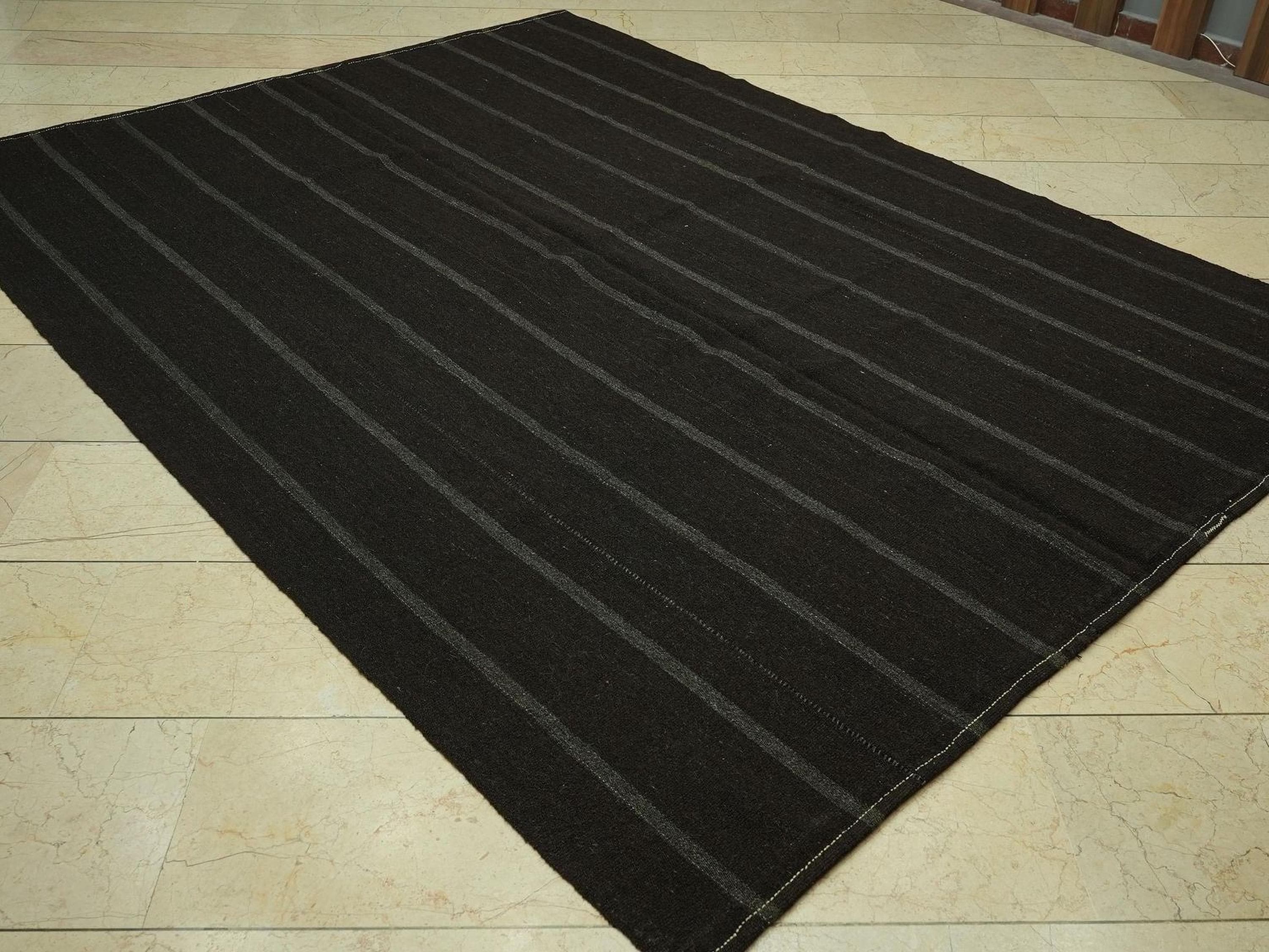 1960s Turkish Kilim Rug: Dark Brown Goat Hair, Minimalist Stripe Rugs,6.7x9 Feet.