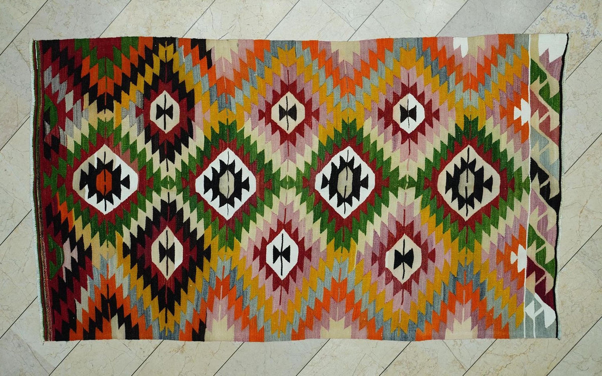 Multi Bright Color Turkish Kilim Rug: 4.9x8.5"Feet,Vintage Flat Woven Anatolian Rugs.