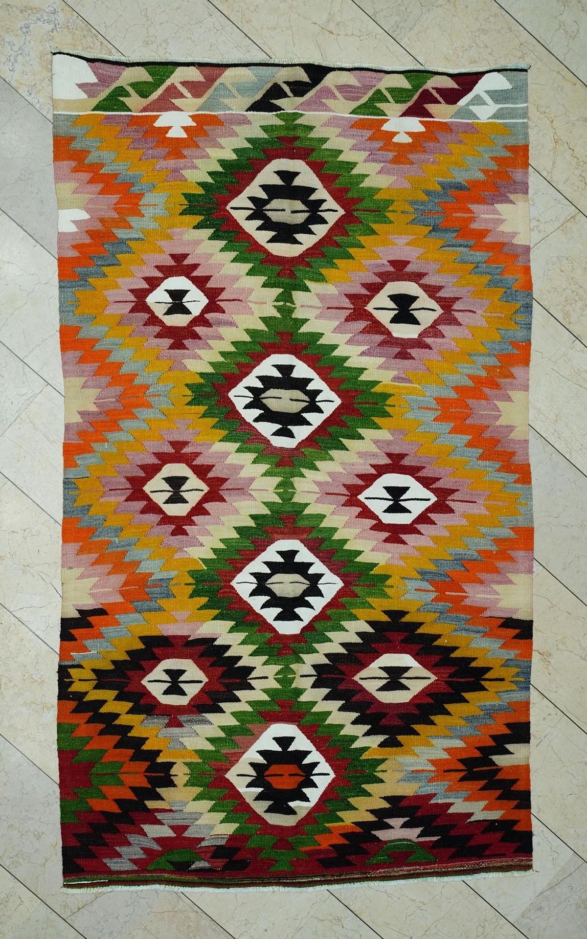 Multi Bright Color Turkish Kilim Rug: 4.9x8.5"Feet,Vintage Flat Woven Anatolian Rugs.