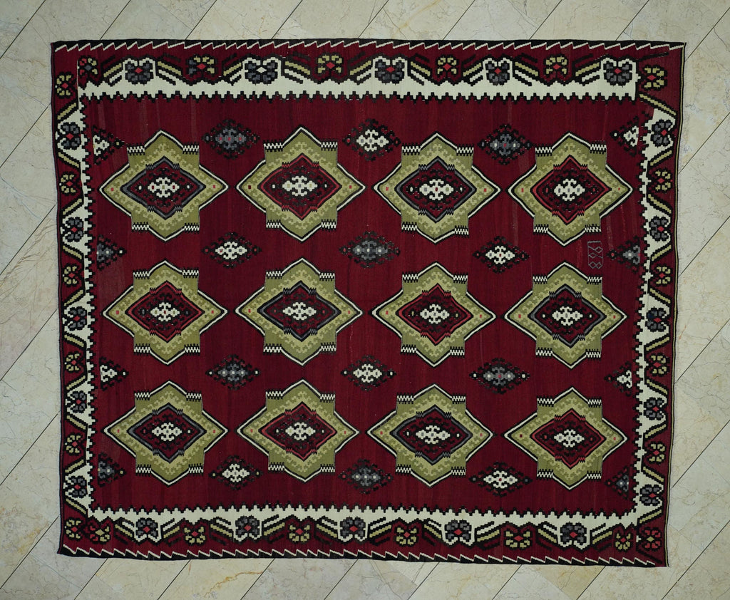 Red Color Flat Weave Turkish Large Kilim Rug: 8x9.4 Wool Handwoven Area Rugs.