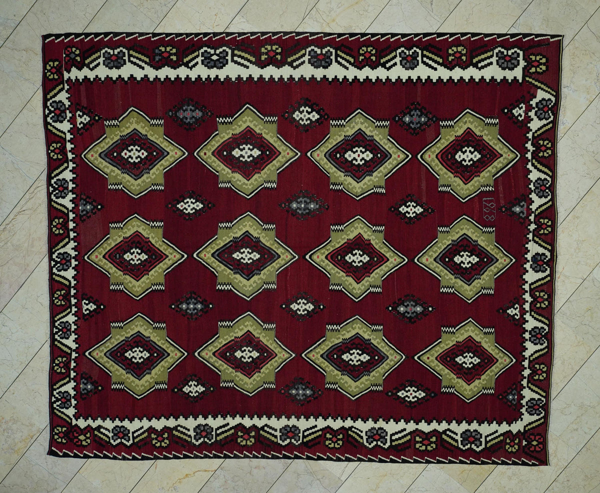 Red Color Flat Weave Turkish Large Kilim Rug: 8x9.4 Wool Handwoven Area Rugs.