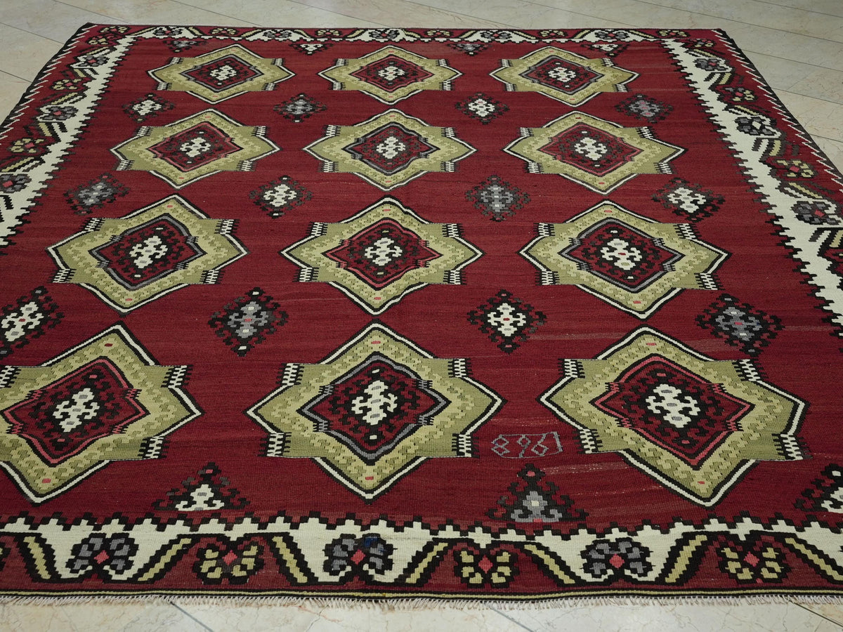 Red Color Flat Weave Turkish Large Kilim Rug: 8x9.4 Wool Handwoven Area Rugs.