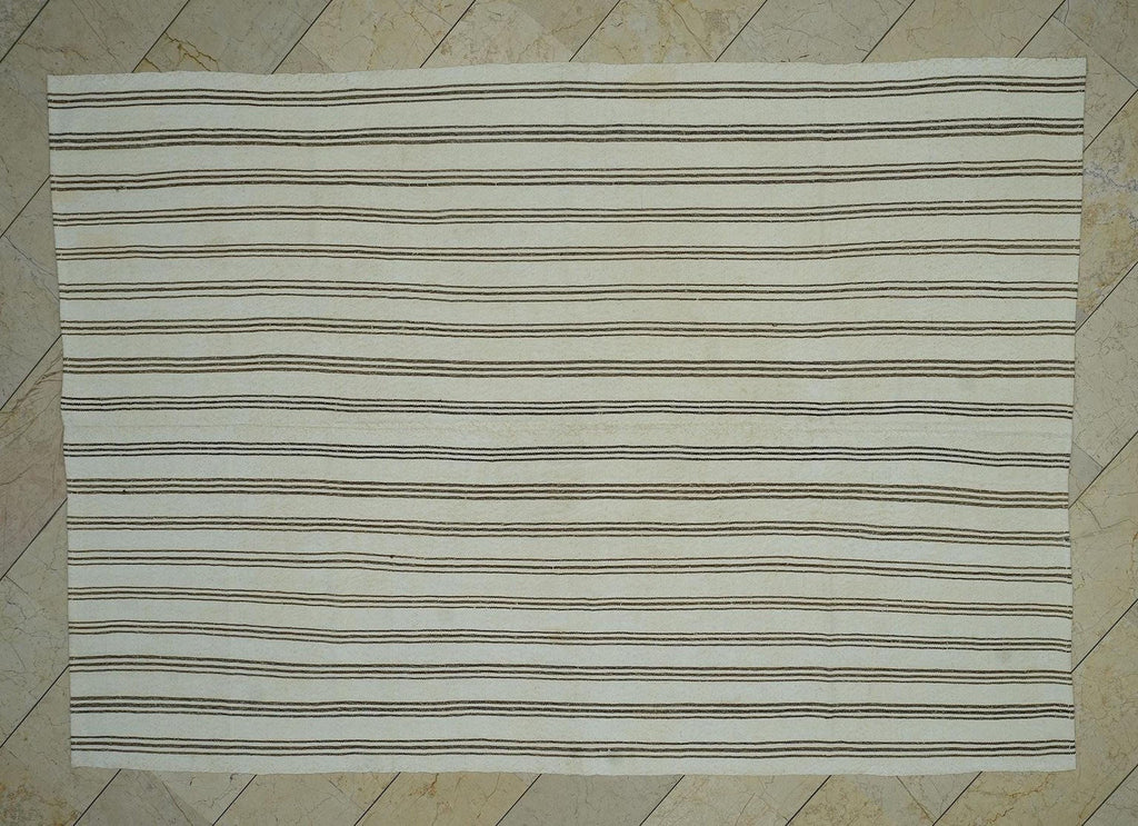 Brown Striped White Turkish Kilim Rug: 6.5"x9.3" Feet, Minimal Decor Home Living Rugs.