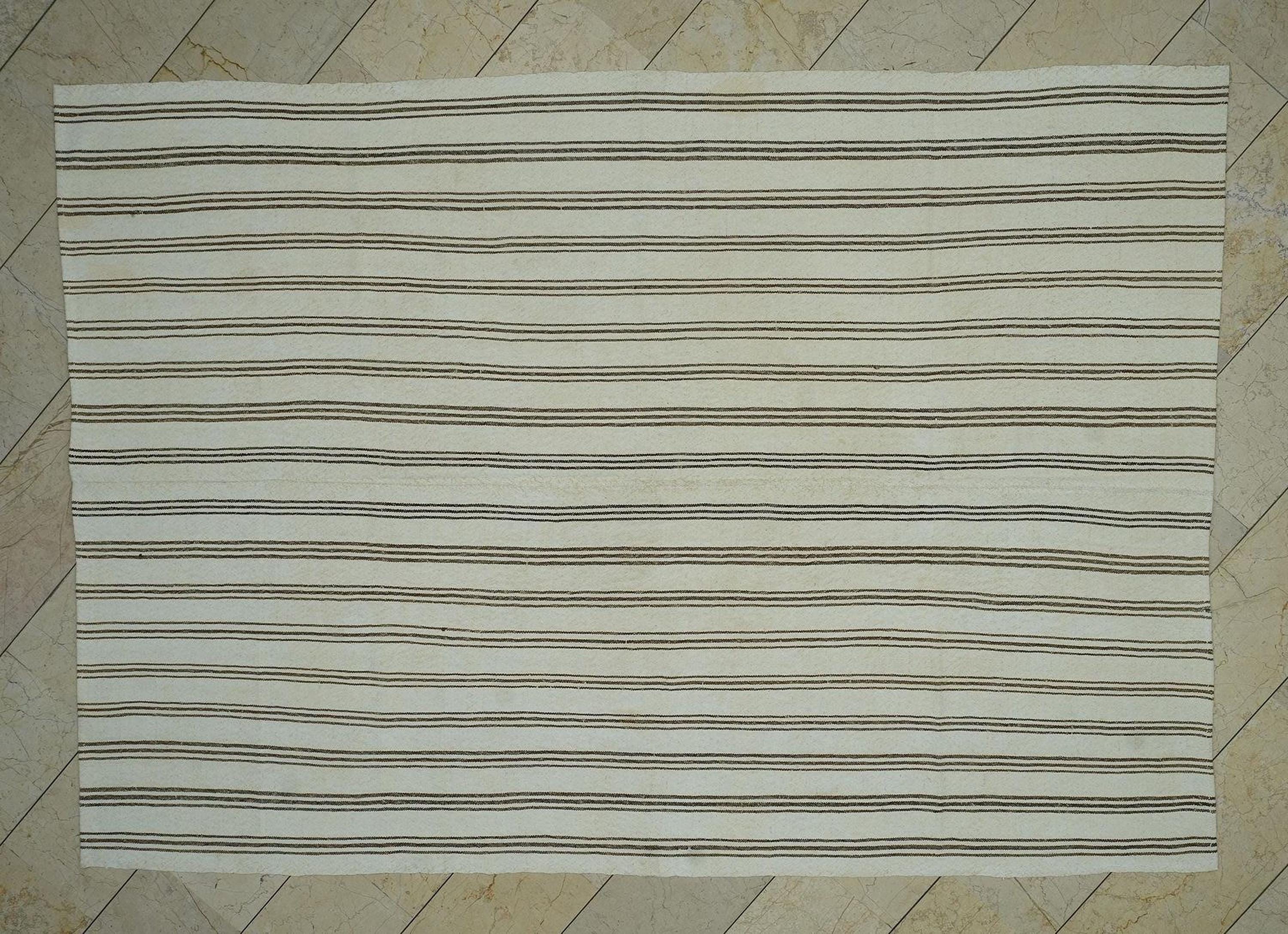 Brown Striped White Turkish Kilim Rug: 6.5"x9.3" Feet, Minimal Decor Home Living Rugs.