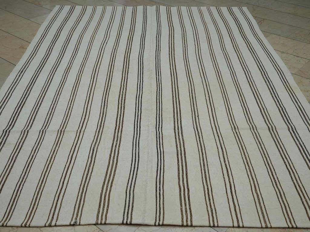 Brown Striped White Turkish Kilim Rug: 6.5"x9.3" Feet, Minimal Decor Home Living Rugs.