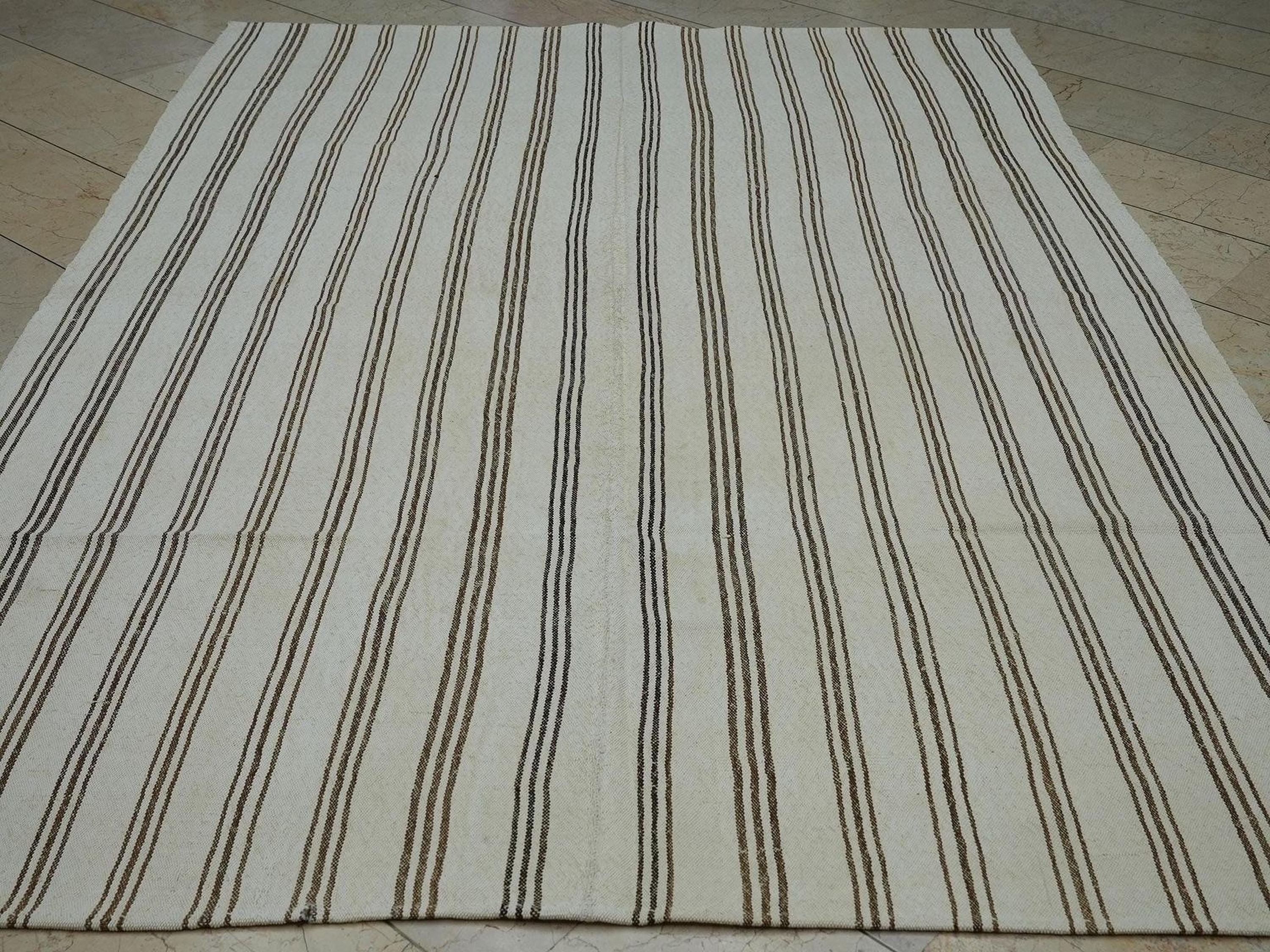 Brown Striped White Turkish Kilim Rug: 6.5"x9.3" Feet, Minimal Decor Home Living Rugs.