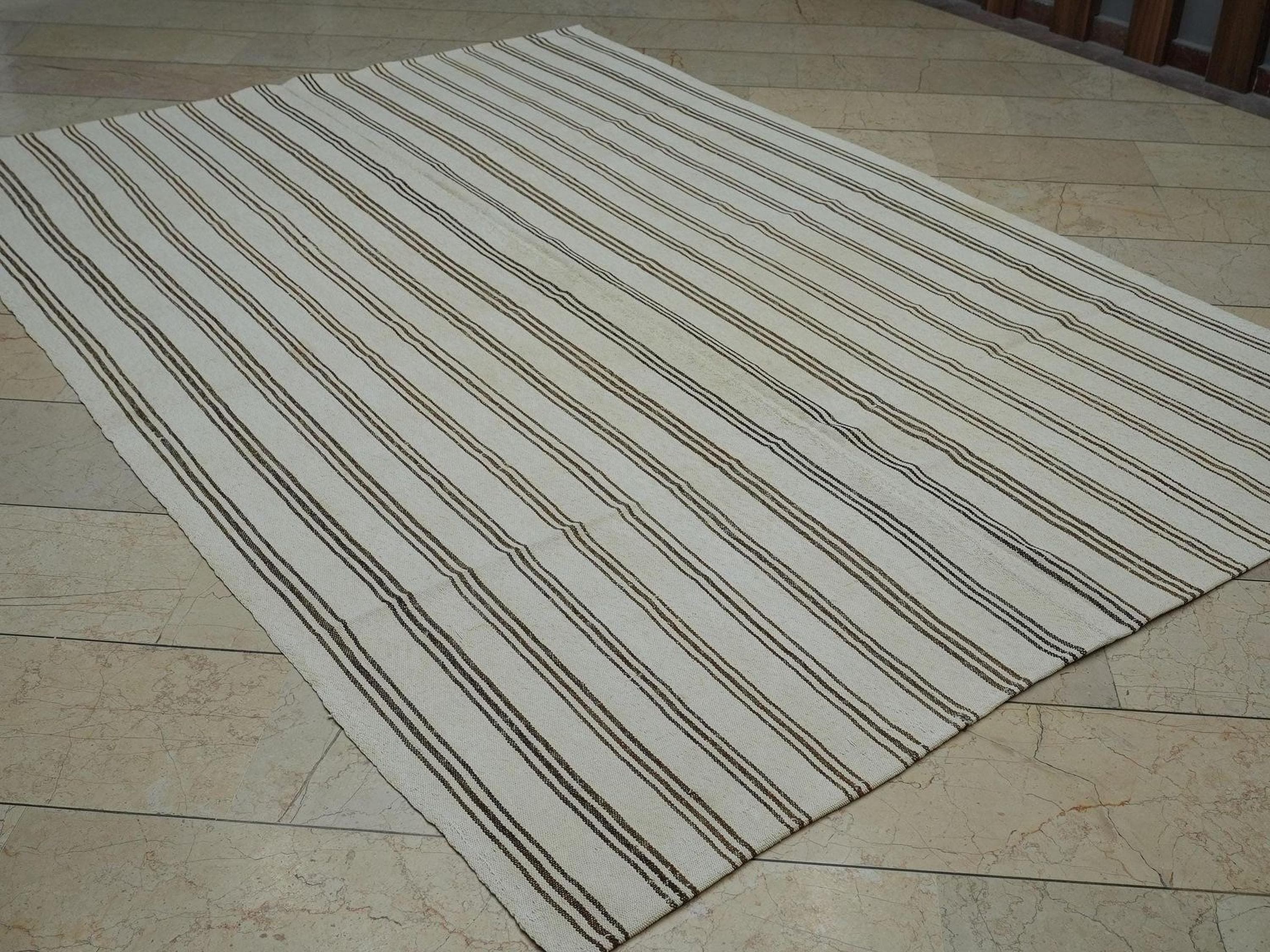 Brown Striped White Turkish Kilim Rug: 6.5"x9.3" Feet, Minimal Decor Home Living Rugs.