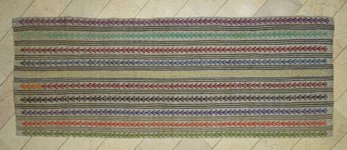 4.3x11 Embroidered Handmade Turkish Kilim Rug Runner: Multi-Color Goat Hair & Cotton Rugs.